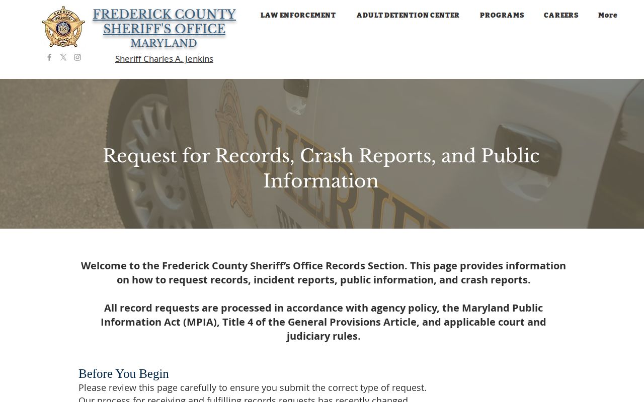 Frederick County booking photo and arrest record request page