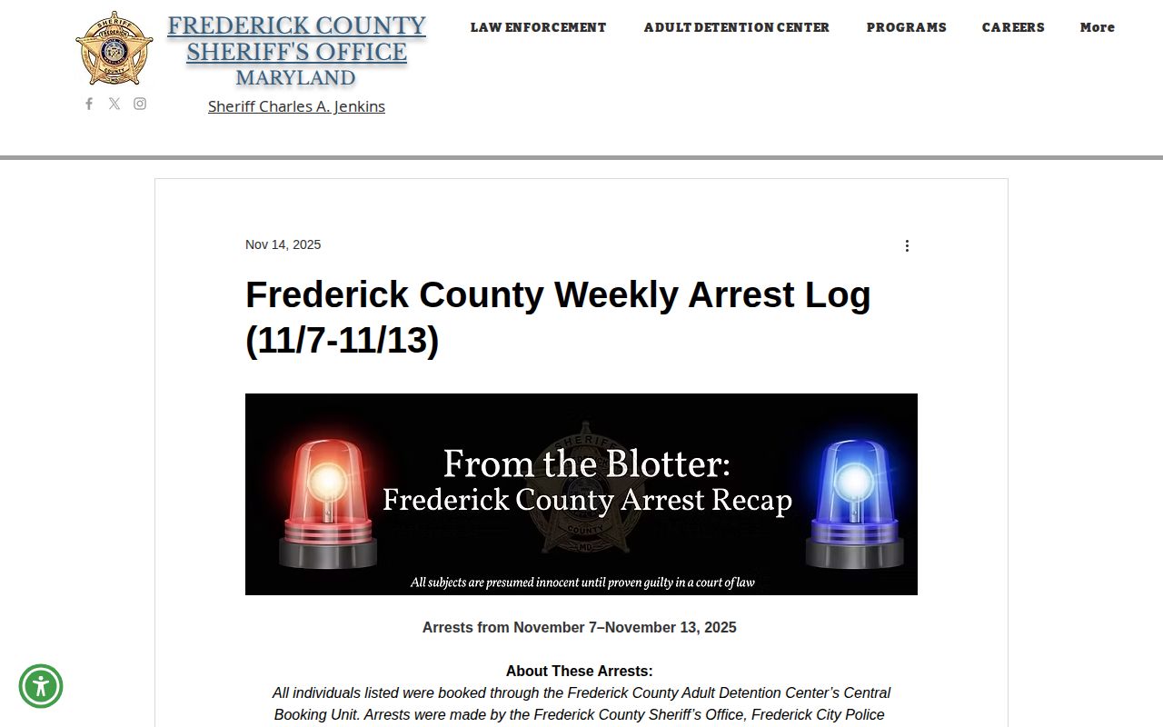 Frederick County weekly arrest log and recent booking records